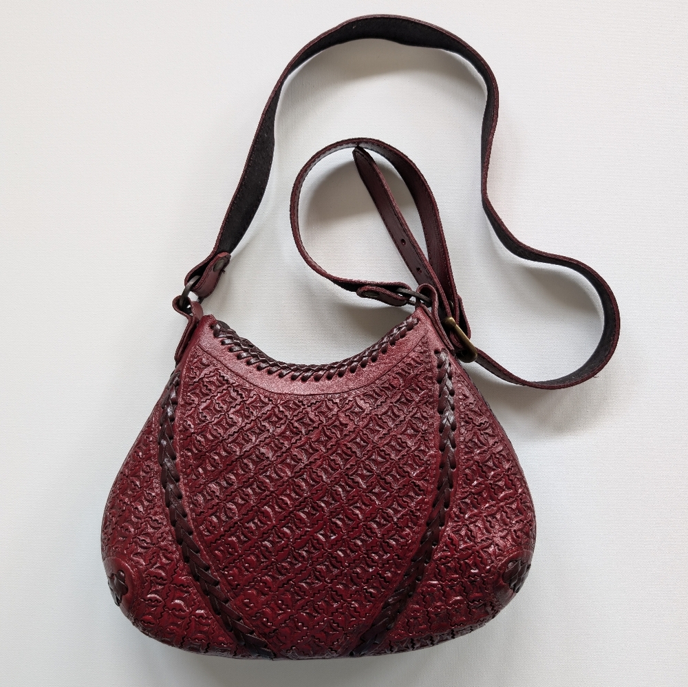 Intricate Burgundy Leather Handmade Shoulder Bag From Pátzcuaro, Mexico